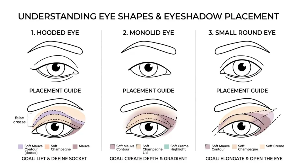 Eyeshadow placement guide for hooded, monolid, and small eyes
