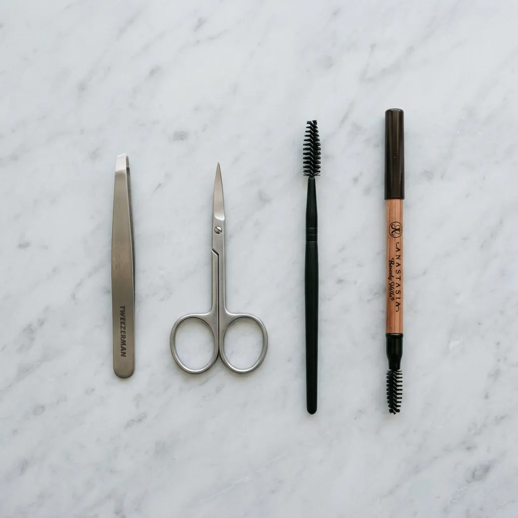 "Flat lay of eyebrow shaping tools including tweezers, scissors, and spoolie brush"