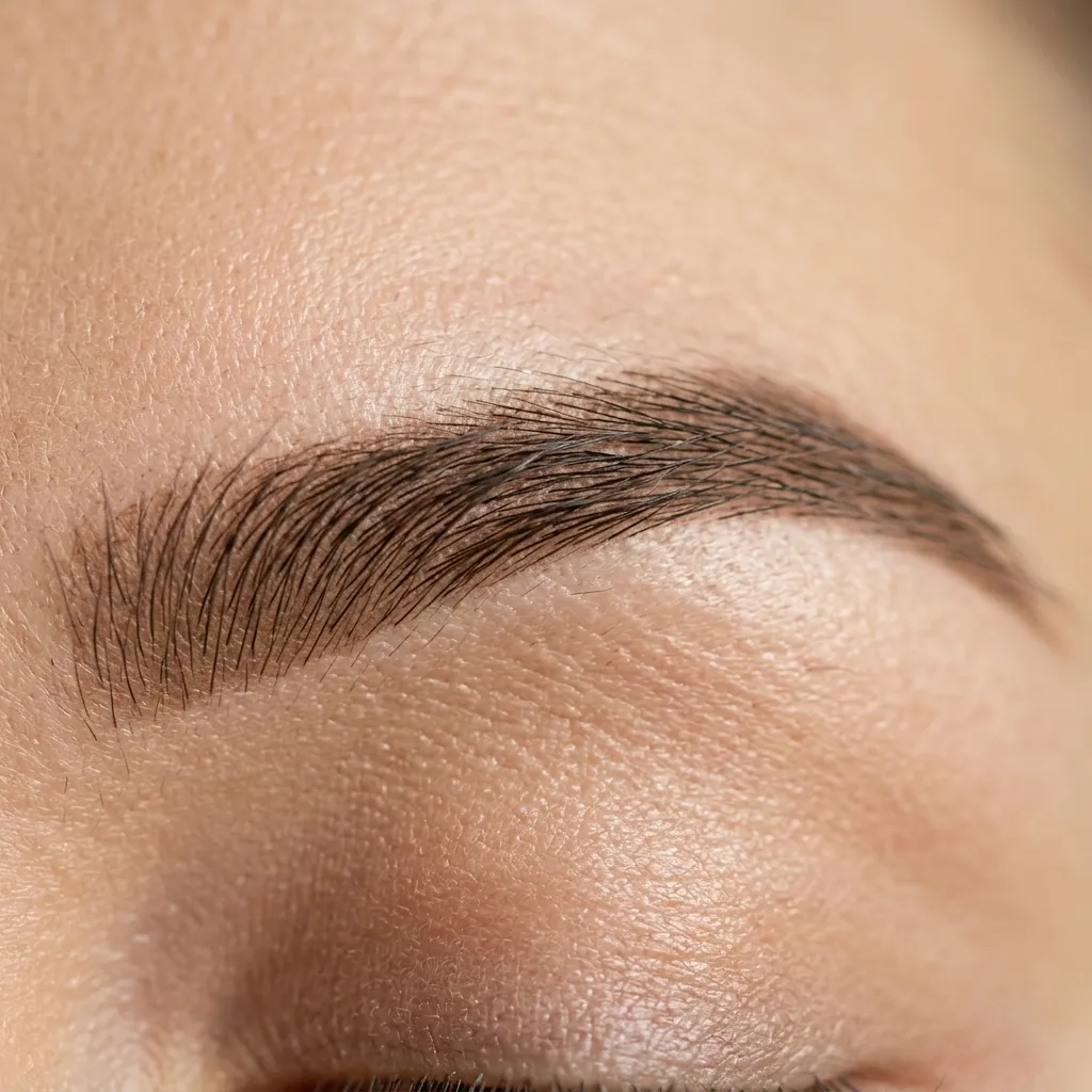 "Close-up of natural hair-like eyebrow pencil strokes for a full brow look"