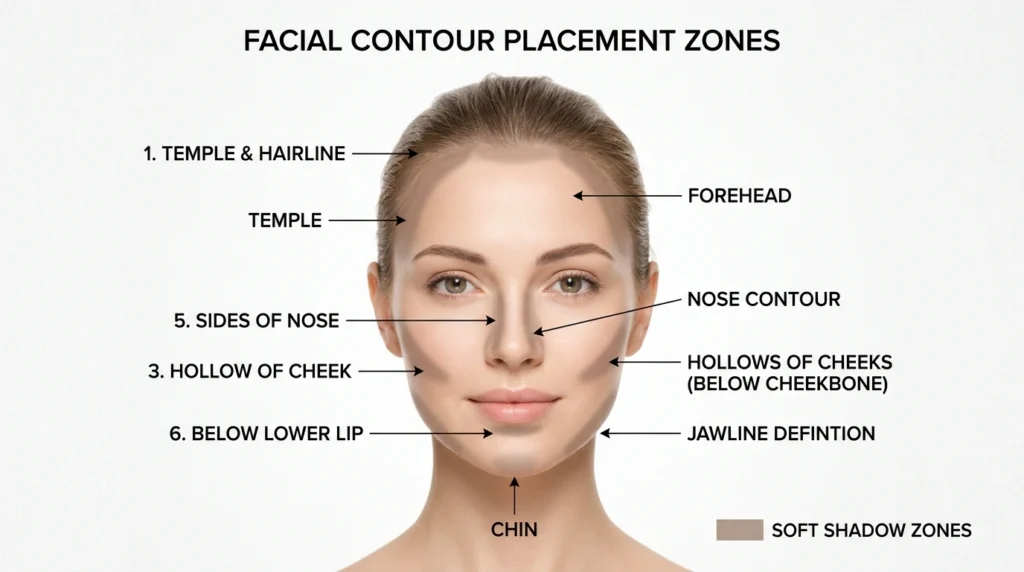 face contouring placement map showing cheekbone, jawline and temple zones