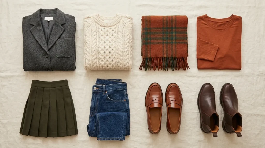 "Preppy fall capsule wardrobe essentials flat lay