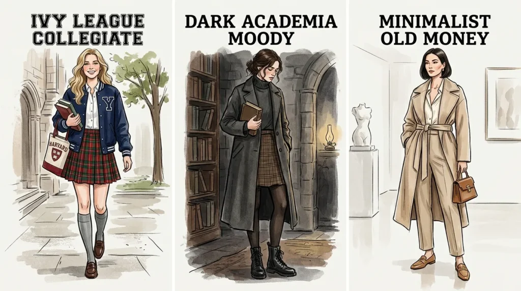 Comparison of ivy league aesthetic  2026 dark academia and old money style