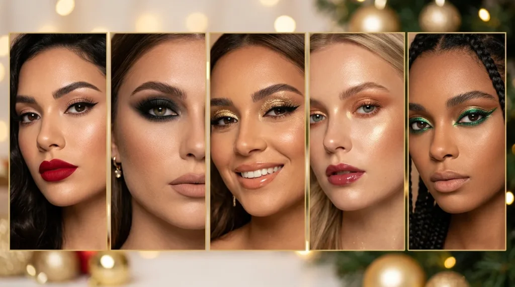Five holiday party makeup looks including red lipstick glam, smoky eye, glitter eye, soft glam, and metallic eyeliner