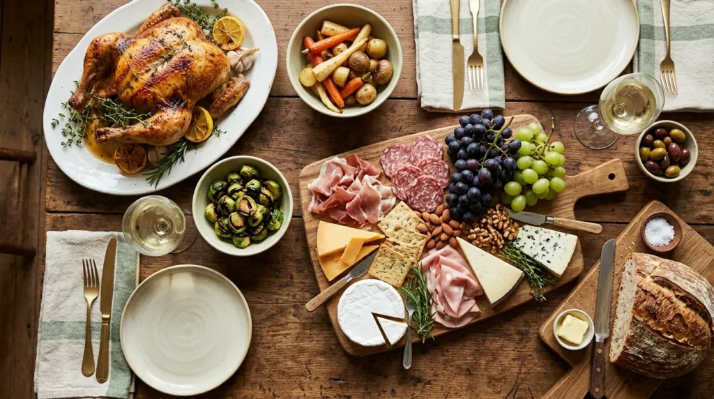 Preppy Hostess Guide dinner party menu with charcuterie board and roasted main course