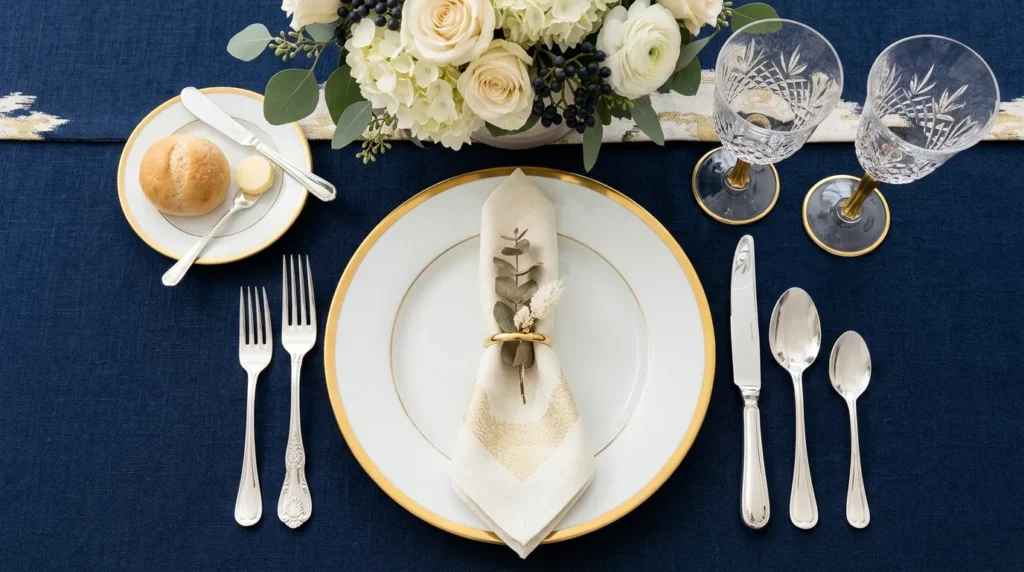 Preppy Hostess Guide formal table setting with charger plate and crystal glassware