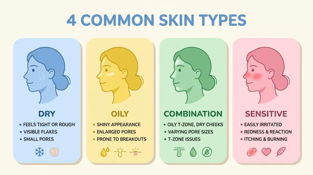 Illustration of winter skincare guide routines for dry oily and combination skin