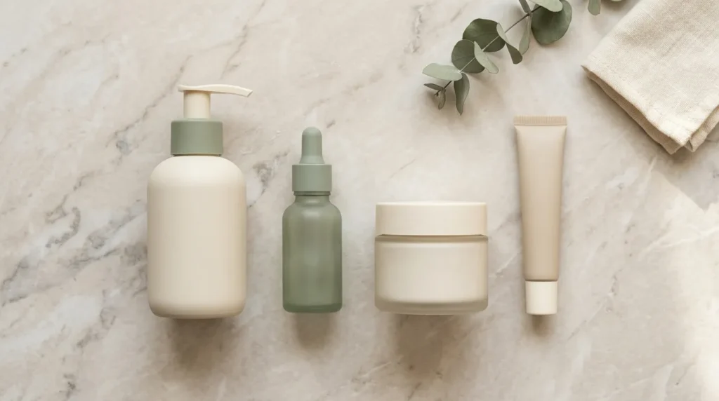 "Flat lay of beginner skincare routine essentials including cleanser, moisturizer, and SPF