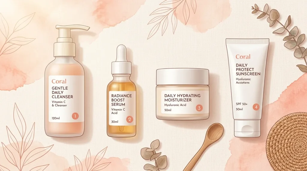 step by step morning summer skin care routine layering cleanser serum moisturizer sunscreen