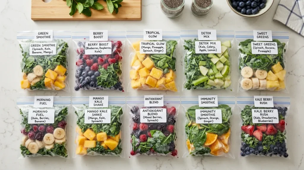 Freezer prep bags for glowing skin smoothie ingredients