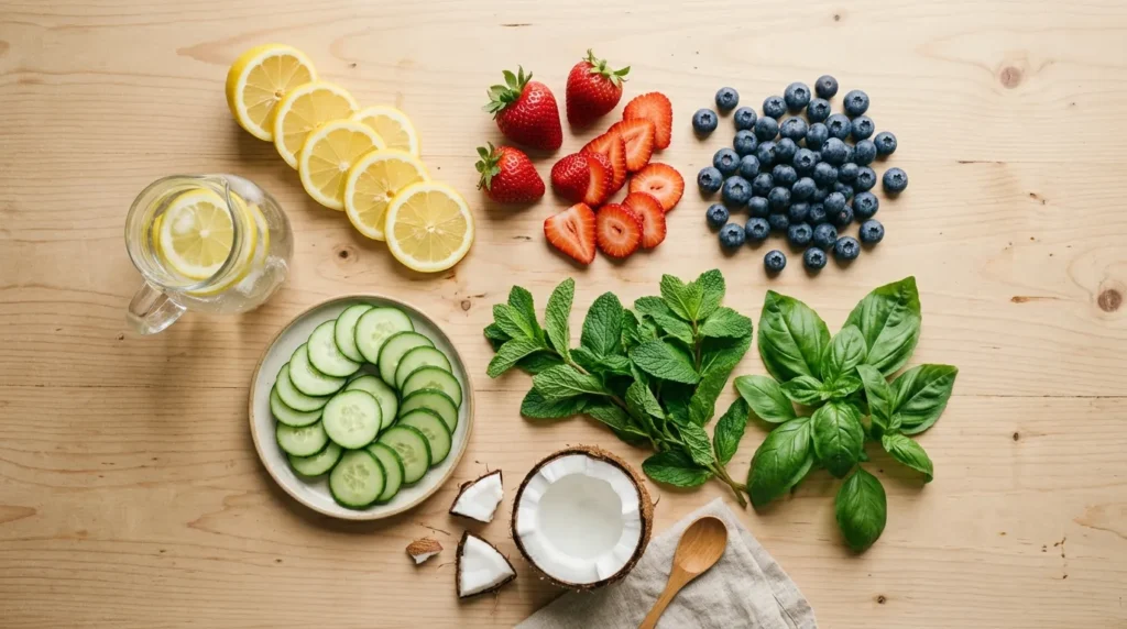 "Ingredients for DIY beauty water recipes including berries, citrus, and herbs"