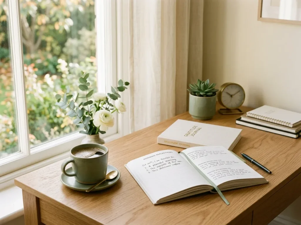 "Morning wellness routine journal and coffee, Day 1 of a 7 day self care plan"