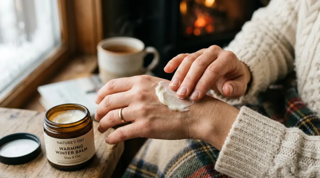 Close-up of hands applying balm for chapped skin remedies in winter