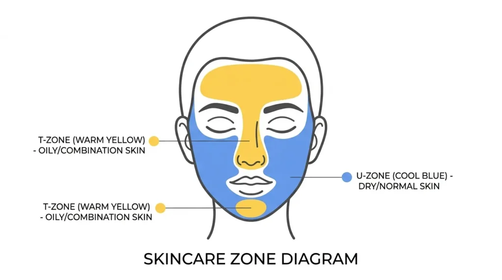 Diagram showing oily T-zone versus dry cheeks in spring combination skin