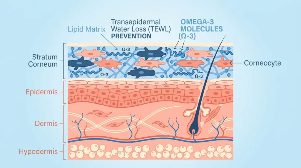 diagram showing omega-3 fatty acids strengthening the skin barrier and reducing inflammation