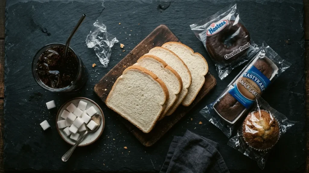 Foods that cause skin inflammation including refined sugar and processed snacks