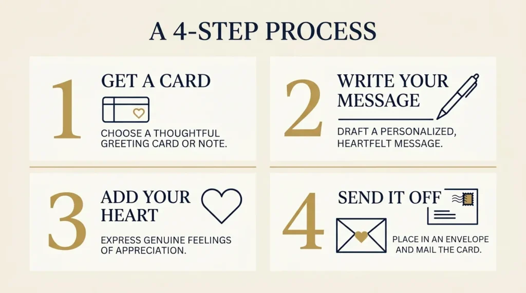 "Infographic showing the four parts of a thank you note: greeting, specific detail, impact statement, closing line"
