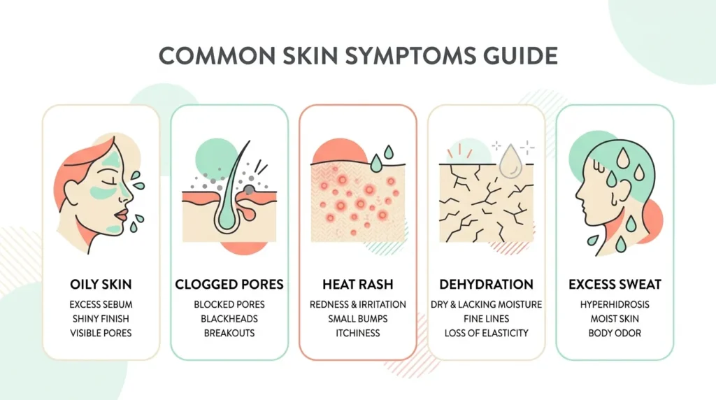  infographic showing common summer skin care routine problems like oily skin and clogged pores