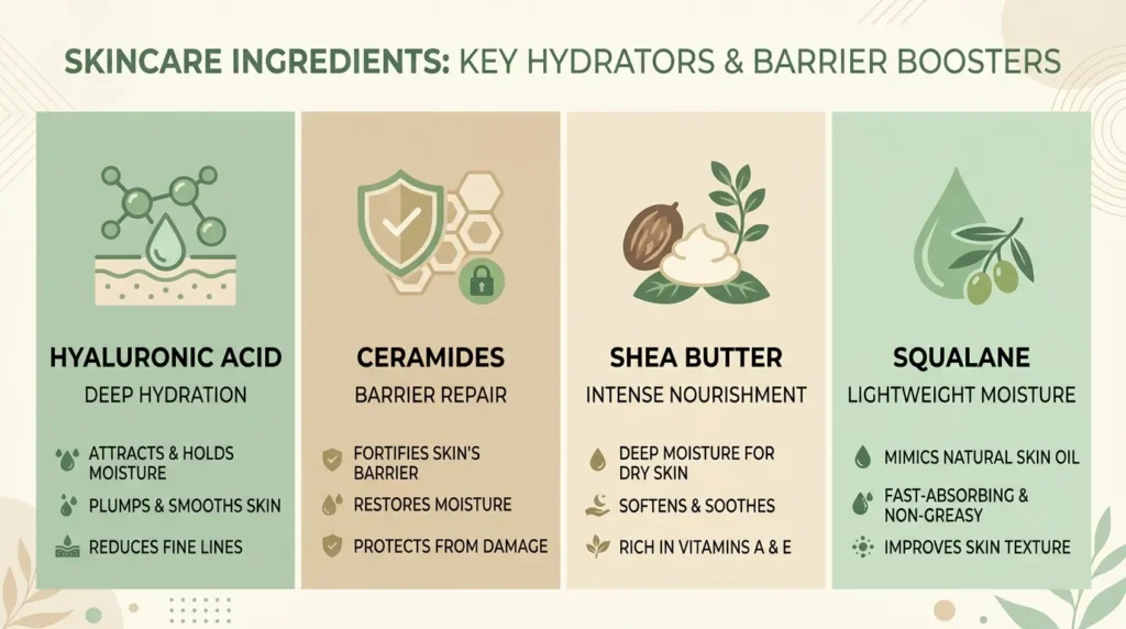 Chart comparing best winter moisturizers ingredients like ceramides and shea butter