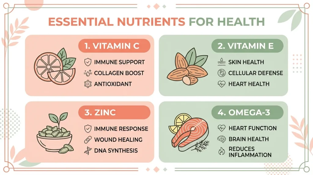 Infographic of vitamin C, vitamin E, zinc, and omega-3 foods for skin health