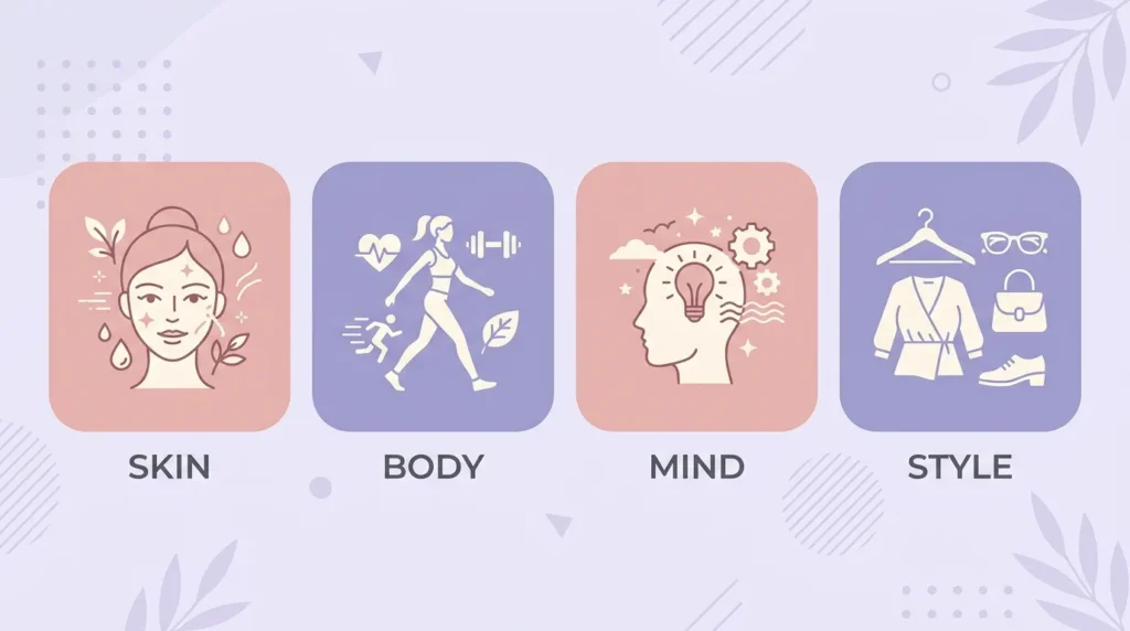 Four pillars of the 90 day glow up challenge: skin, body, mind, style