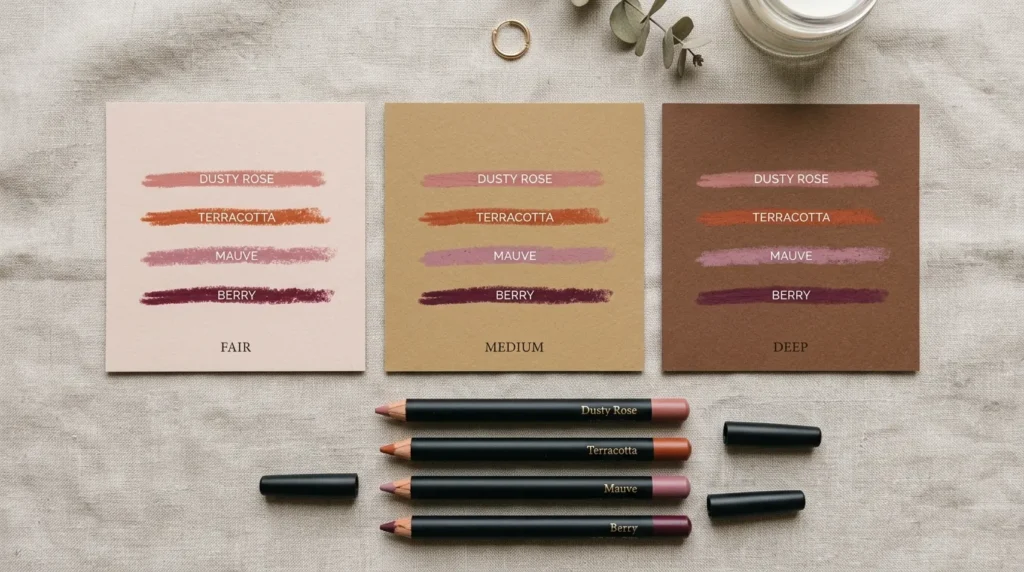 Best lip liner shade swatches for thin lips on different skin tones