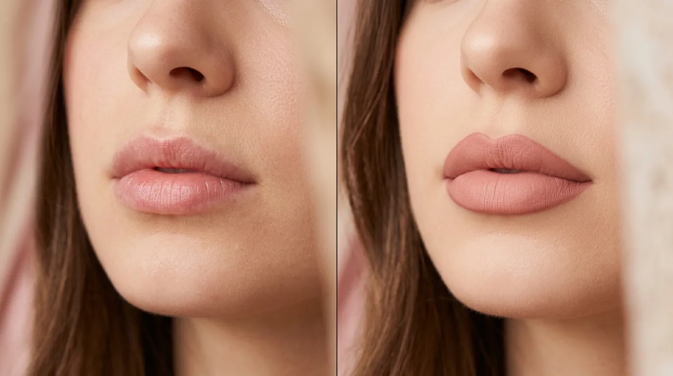 Lip liner tutorial showing before and after fuller-looking lips