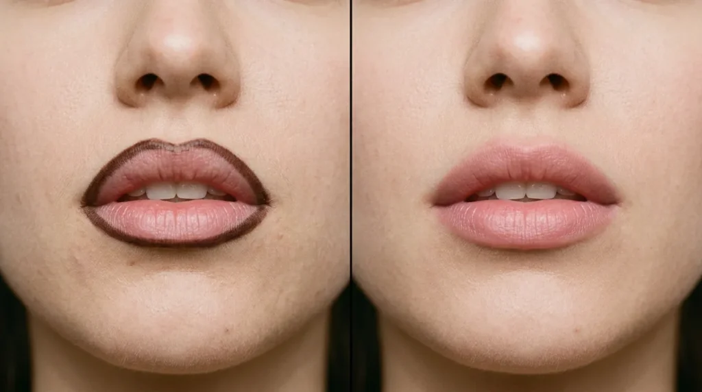 Common lip liner mistakes including a visible dark outline