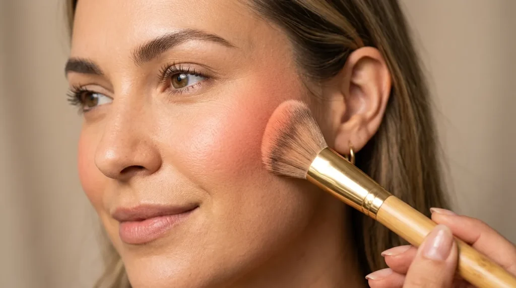 how to apply blush guide showing brush blending technique on cheekbone