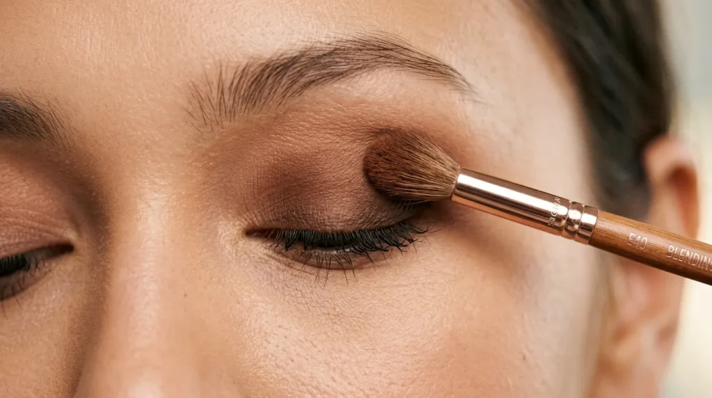 Beginner blending eyeshadow crease color with a fluffy brush