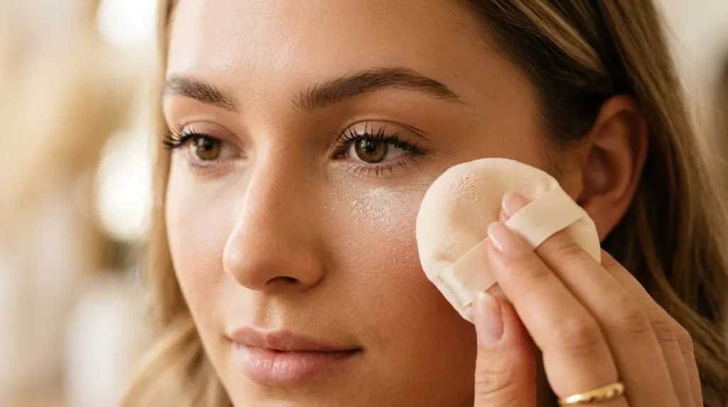 "Applying loose powder using the baking technique under the eyes"