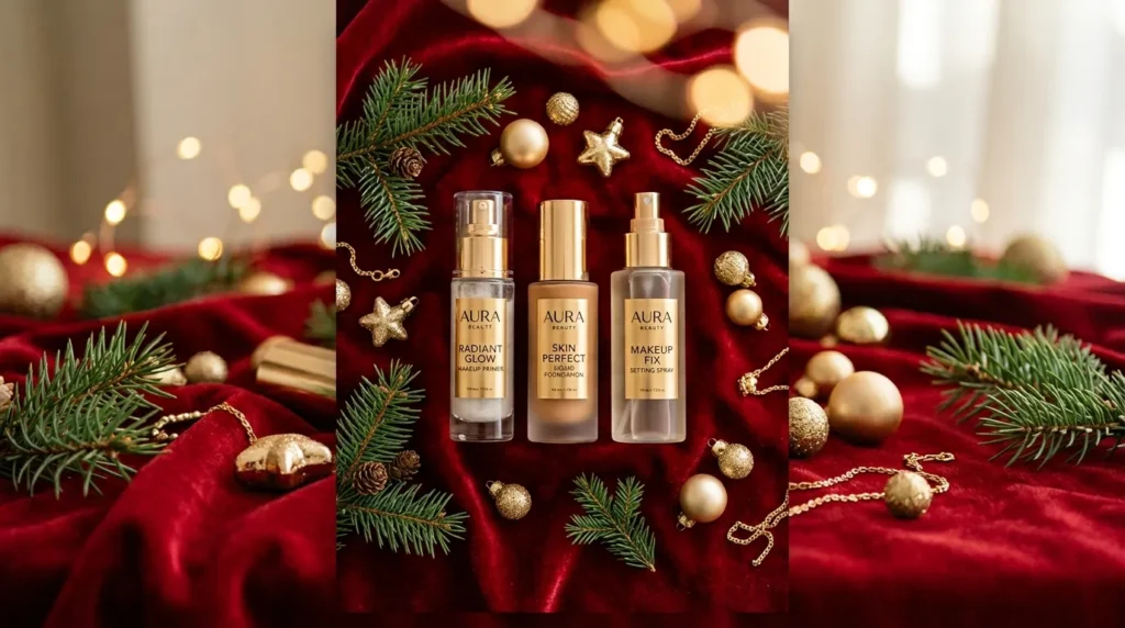 Flat lay of holiday party makeup prep products including primer, foundation, and setting spray