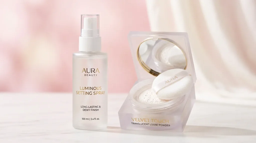 "Setting spray bottle next to translucent setting powder compact"