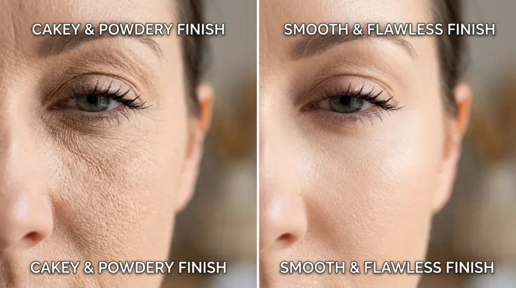 "Side by side comparison of cakey makeup versus smooth set makeup"
