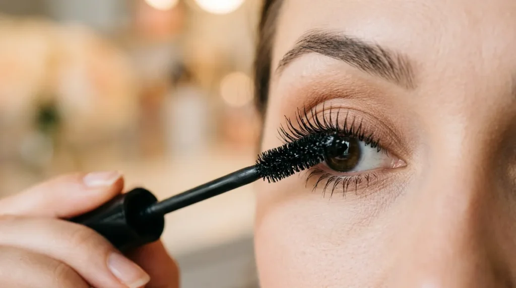 Applying mascara with a wiggle technique for fuller lashes