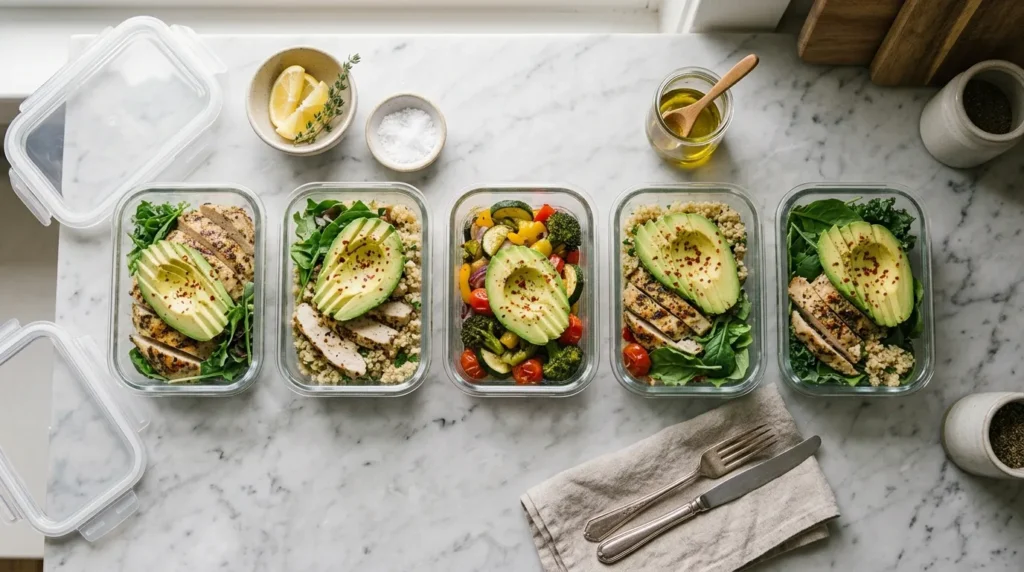 Glow Nutrition Kitchen meal prep containers with lean protein, quinoa, and vegetables