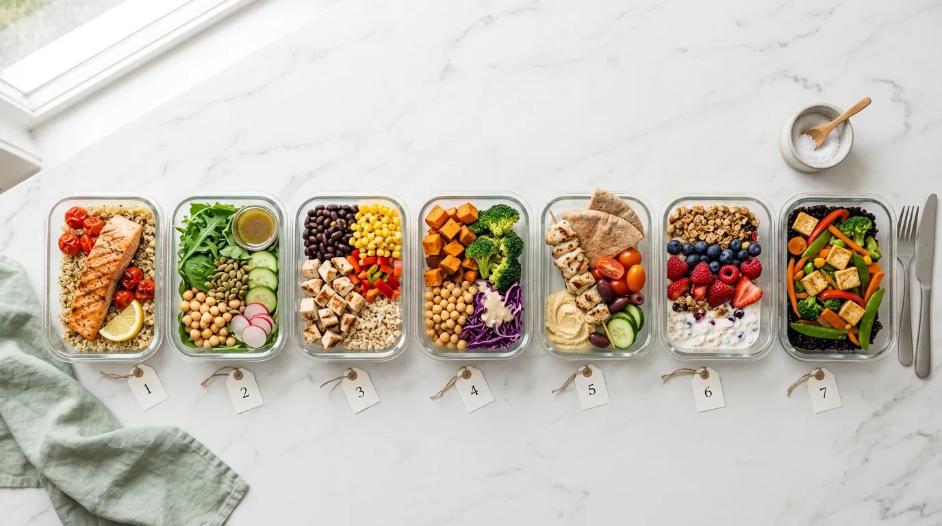 Weekly flat-lay of the 7-day glow-up meal plan with skin-friendly foods