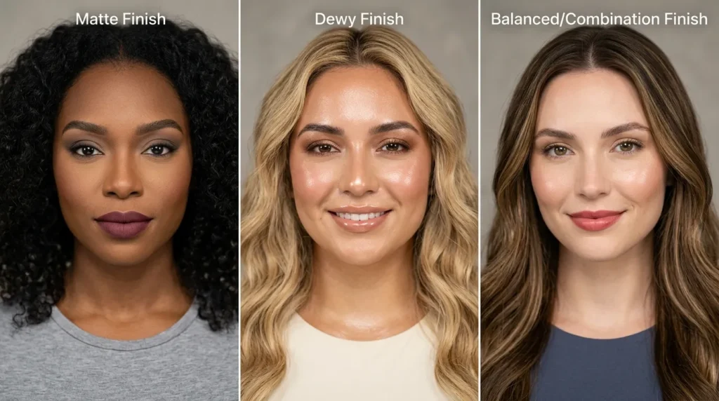 "Three makeup looks representing oily, dry, and combination skin routines"