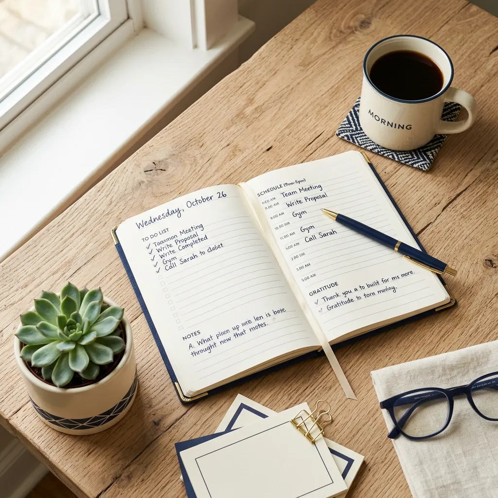 preppy daily routine planner and coffee flat lay