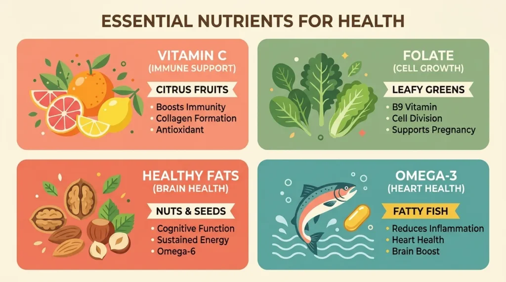 Chart of key nutrients found in collagen-boosting foods including vitamin C, zinc, and copper