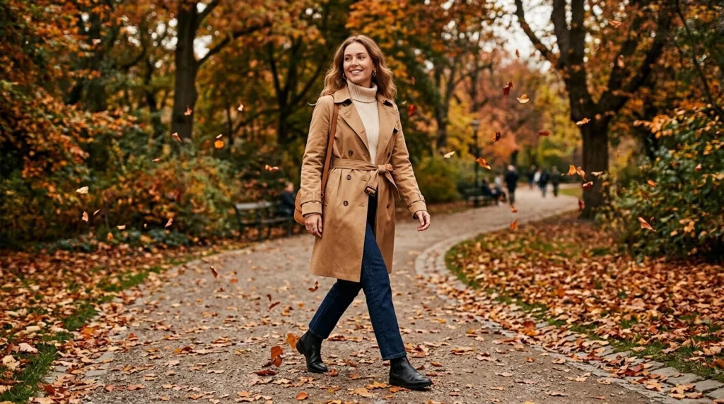 Preppy fall outfit idea with trench coat layered over turtleneck