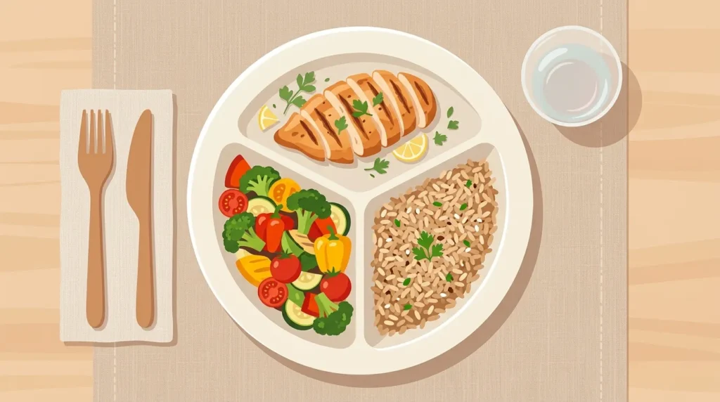 Illustration of a balanced plate with protein, vegetables, and whole grains for a glow up diet