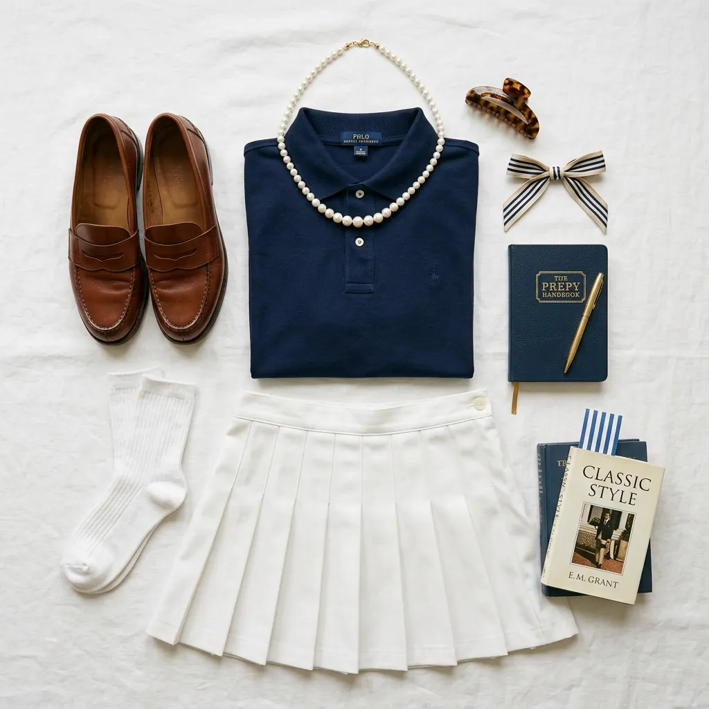 preppy girl guide outfit flat lay with polo shirt and loafers