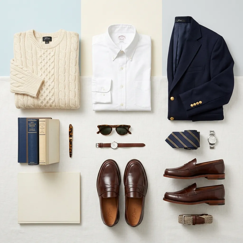 preppy wardrobe basics including cable knit sweater and oxford shirt