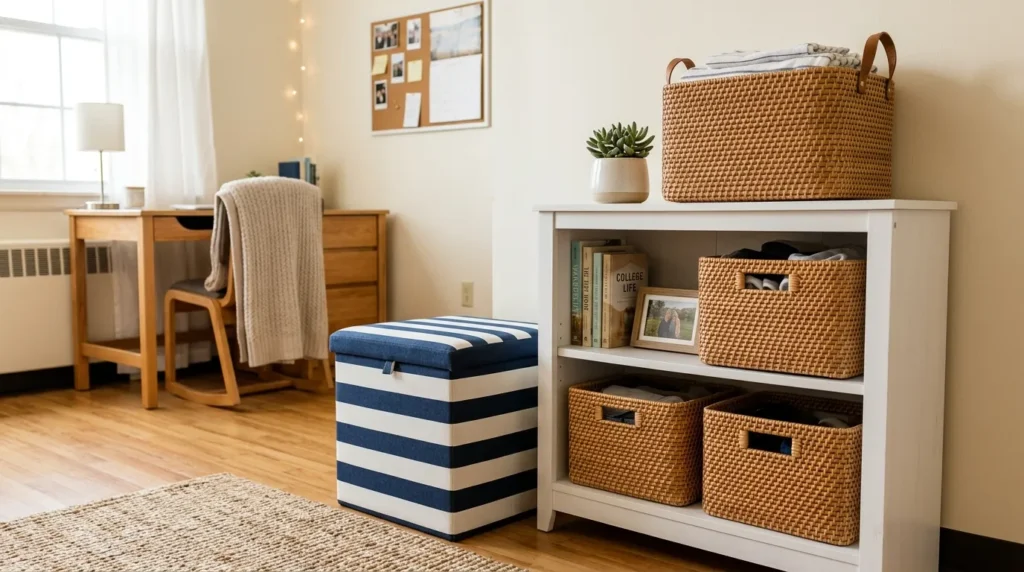 Woven storage baskets and striped storage ottoman in a preppy dorm room