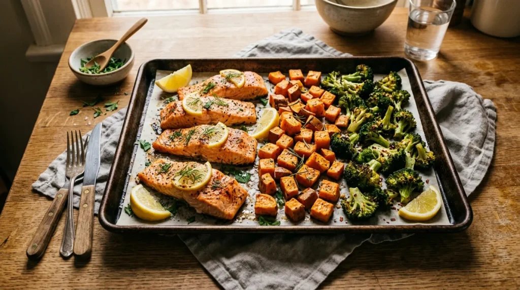 sheet-pan salmon with roasted sweet potato and broccoli for glowing skin