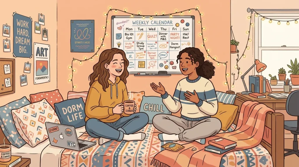 college roommates discussing dorm etiquette and shared space boundaries