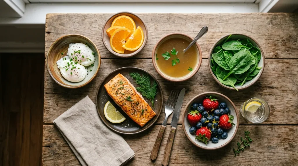 Flatlay of collagen-boosting foods including salmon, eggs, citrus, and leafy greens
