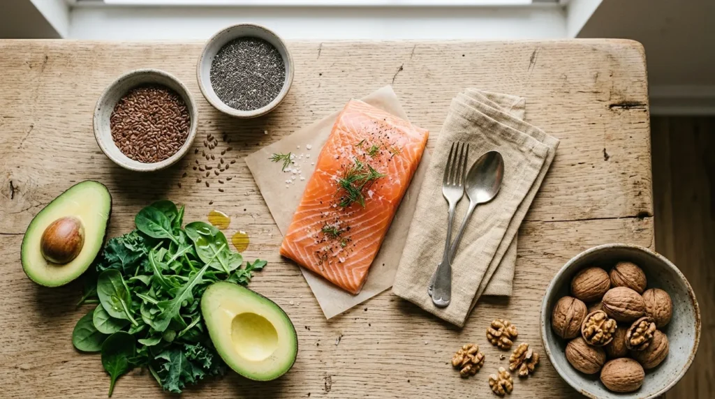  flat lay of omega-3 rich foods including salmon, walnuts, chia seeds, and avocado