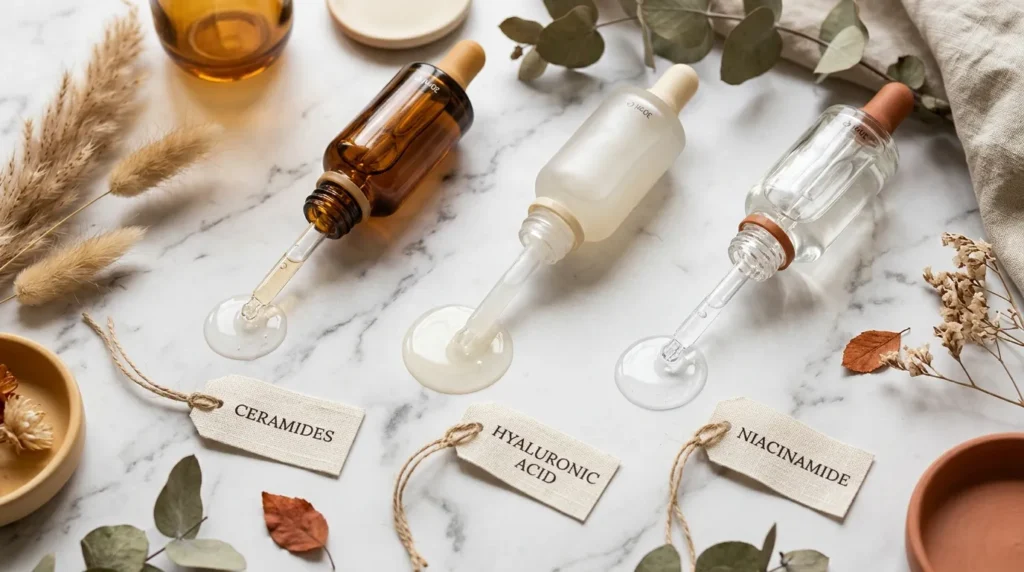 Key fall skincare ingredients including ceramides, hyaluronic acid, and niacinamide