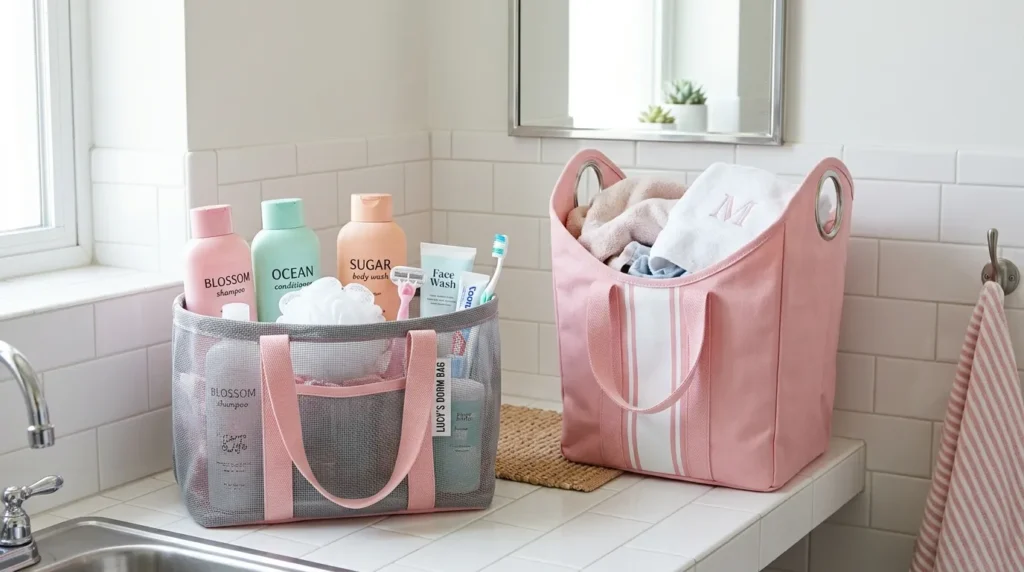 College shower caddy and laundry essentials for dorm bathrooms